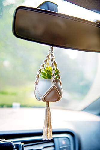 Dahey 2 Pack Mini Macrame Succulent Plant Hangers for Car Rearview Mirror