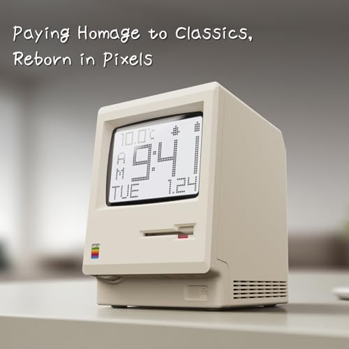 Maclock Retro Pixel Alarm Clock, 1984 Computer-Inspired USB Desk Clock with Pixel Display, Multiple Alarms, Adjustable Brightness, Calendar, Temperature