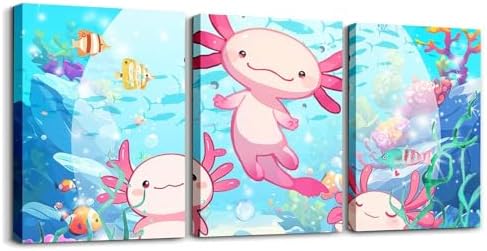 Feelyou 3 Piece Pink Axolotl Framed Canvas Wall Art for Living Room Kawaii Sea Animal Wall Decor for Bedroom Salamander Office Wall Decor Cute Sea Creature Wall Painting Artwork Art Home Decor