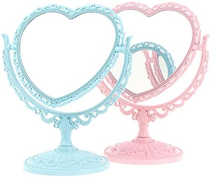 AKOAK Heart-Shaped Cosmetic Mirror - Plastic, Double-Sided, Rotatable, Lightweight Tabletop Mirror for Bathroom & Bedroom (Blue)