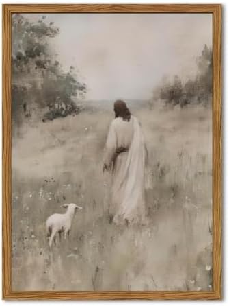 Jesus Leaves The 99 Sheep Wall Art Painting, Vintage Shepherd Christian Wall Decor Lost Lamb Religion Artwork 3D Textured Hand Drawn Sandstone for Living Prayer Room Bedroom 12x16 inch Wood Framed
