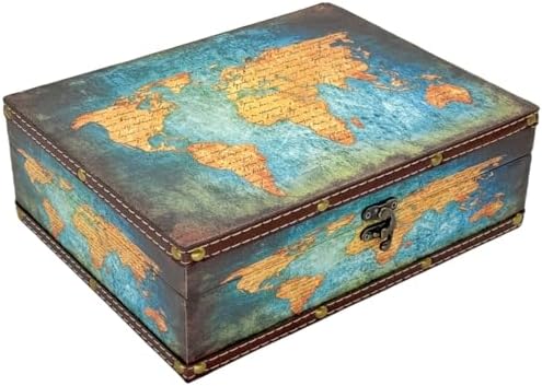 Treasure Box Vintage Wooden + PU Leather Decorative Trinket Jewelry Box Memento Case Box Keepsake Box Gifts For Kids Girls Women Men Home Decor (Map/Green, Medium)