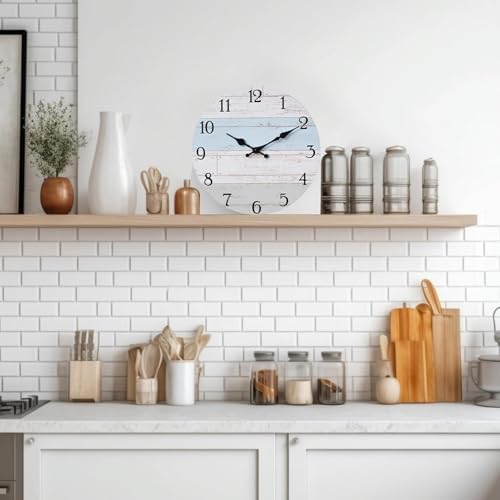 KECYET Wall Clock 14 Inch Silent Non-Ticking Coastal Beach Style Wall Clocks Battery Operated Rustic Retro Decorative for Kitchen, Bathroom, Living Room, Laundry Room(Azure Blue)
