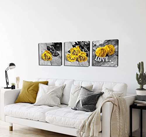 Yellow Rose Wall Art Kitchen Decor Black and White Flowers Canvas Prints Picture Romantic Floral Love Bathroom Photo Paintings Modern Aesthetic Flower Artwork for Bedroom Home Decorations 14x14”3Pcs