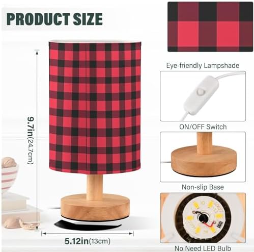 Fustylead Red and Black Buffalo Plaid Bedside Table Lamps with USB Port for Bedroom Lamp Table Lamp Small Nightstand Lamp Sturdy Linen Shade Wooden Decorative Lamps for Home Dorm Office Living Room