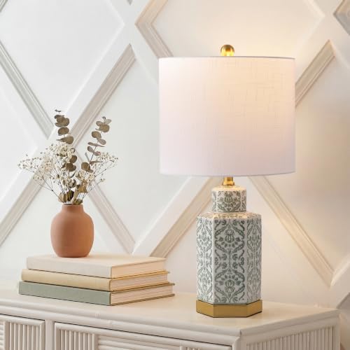 JONATHAN Y Diana 23.5" Green & White Floral Ceramic Table Lamp, Brass Base