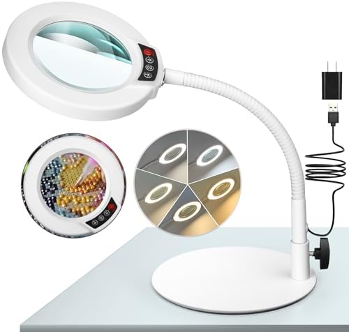 10X Magnifying Glass with Light and Stand, 5 Color Modes Stepless Dimmable LED Lighted Desk Lamp, Hands Free Flexible Gooseneck Magnifier with Light for Craft Hobby Painting Close Work - White