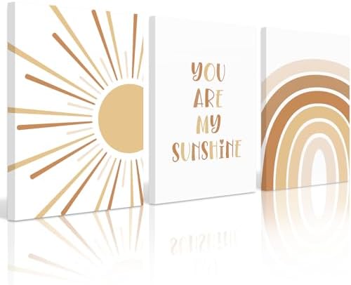 Baccone Boho Nursery Wall Art Baby Girl Wall Decor Kids Rainbow Canvas Wall Art You Are My Sunshine Pictures Toddler Sun Prints Nursery Artwork for Room Bedroom Set of 3 16x24 Inch Wrapped Canvas