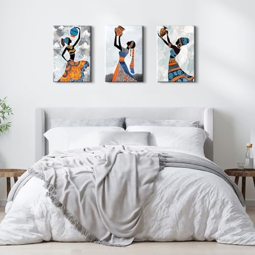 Black Woman Wall Art for Girl Bedroom Abstract Wall Decor African Women Pictures African Dancing Canvas Prints Ethnic Painting Modern Artwork Kitchen Living Room Home Decorations 16x24" 3Pcs