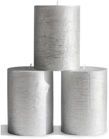 CANDWAX 3x4 inch Pillar Candles Set of 3 – Unscented Dripless Silver Candles for Event Decor, Weddings, Home Use