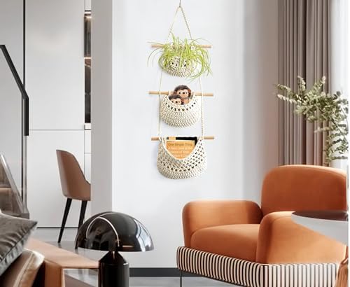 AARAINBOW Wall Cotton Hanging Baskets, Large 3 Tier Decorative Wall Basket, for Nursery, Boho Kitchen Decor - Cotton Rope Fruit basket (White)