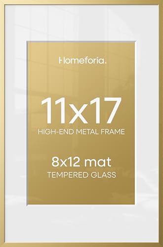 Homeforia 11x17 Gold Picture Frame, High-End Metal, 8x12 Mat, Glass