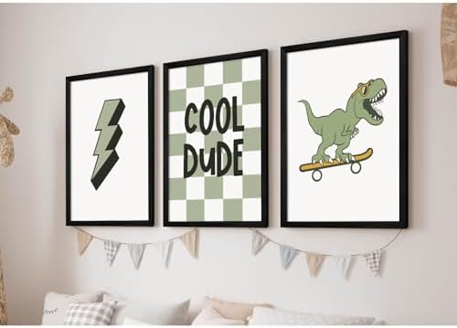 Nursery Dinosaur Wall Art Prints Set of 3 Boys Room Canvas Wall Decor Toddler Kids Prints Dinosaur Skateboard Pictures Poster Boys Dino Artwork Decor for Bedroom 16x24 Inch Wood Framed