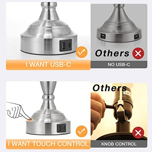 Bedroom Lamps for Nightstand, 3 Way Dimmable Silver Bedside Lamps with USB