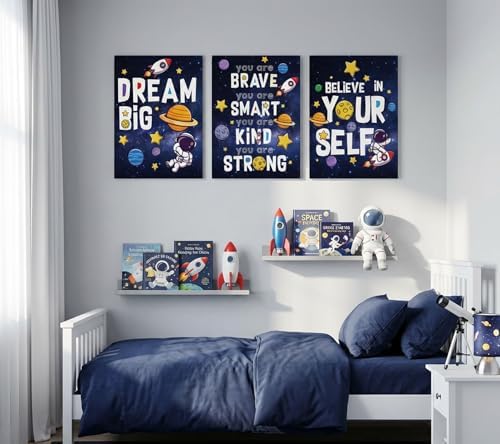 3Pcs Inspirational Space Astronaut Kids Canvas Wall Art, Inspirational Quotes Painting Picture Wall Decor, Boys Positive Affirmative Poster Print Artwork for Playroom, Classroom, 16x24in