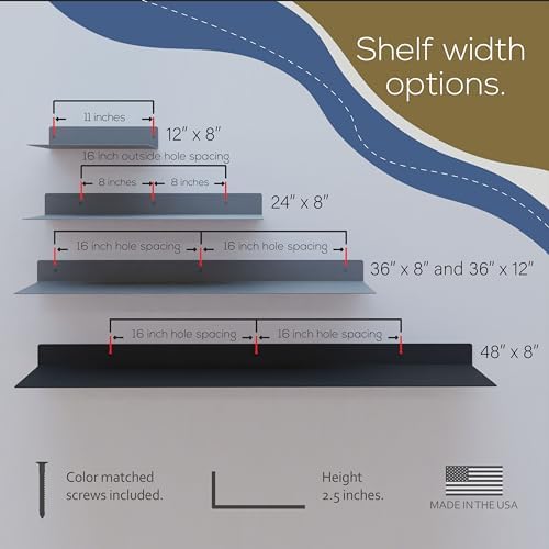 48x8 in Metal Floating Shelf Black Gloss Wall Mounted - Made in The USA - Bedroom, Living Room, Bathroom, Kitchen