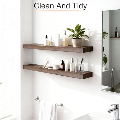 Floating Shelves for Wall,Wall Shelves for Decor Storage,Display Shelving 24 inch Set of 2,Wall Mounted Wood Shelf for Bedroom,Living Room,Bathroom,Kitchen,Brown (2pcs,Brown)