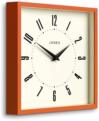 JONES CLOCKS® Box wall Clock | Retro Square Clock | 10" | Orange | Easy to Read Numbers | Perfect Kitchen Clock or Office Clock