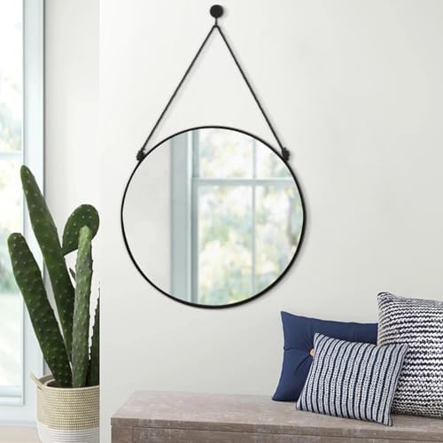Circle Hanging Wall Mirror Round Mirror for Bathroom Black | Small Wall Mounted Mirror, 16'', Modern Home Decor, For Living Room Bedroom Entryway Hallway Washroom Dorm