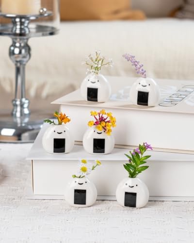 6 PCS Cute Handmade Ceramic Mini Vases - Japanese Onigiri Rice Ball Design for Dried Flowers and Small Stems, Adorable Mini Table Decor, Unique Japanese Craft Gift