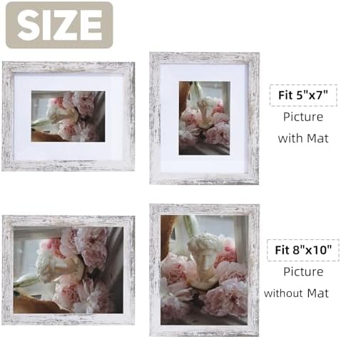 Muzilife Rustic White 8x10 Picture Frame with Mat, Real Glass Cover, 2 Pack