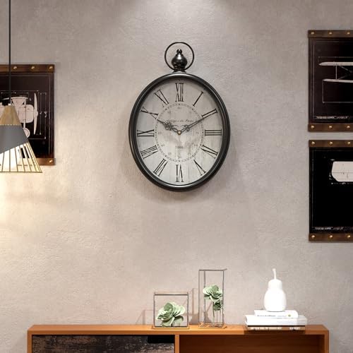 Menterry Large Oval Retro Wall Clock, Rustic Vintage Style, Antique Black