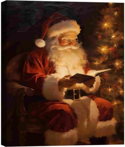 Santa Reading Book Christmas Wall Art 12x18in, Vintage Framed Canvas Prints Posters for Home Decor, Rustic Winter Painting for Christmas Wall Decor, Holiday Decoration Gifts for Bedroom