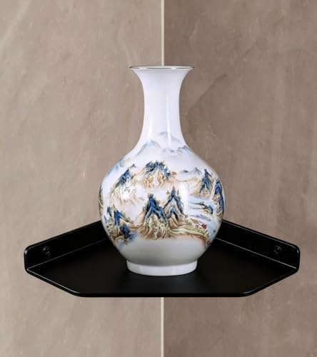 8 Inch Black Floating Corner Shelf Wall Mounted, Triangle Storage Shelf for Kitchen, Speakers, Wine, Decor & Small Electronics