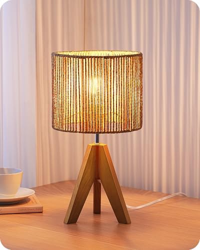 EDISHINE Small Rattan Table Lamp, Wood Tripod Bedside Lamp, 14.2", E26 Base