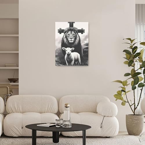 Crekviy Lion and Lamb Wall Art Lion of Judah Wall Decor Pictures Christian Canvas Prints Painting Religious Artwork Decoration for Bathroom Bedroom Living Room Framed Gifts 12"x16"