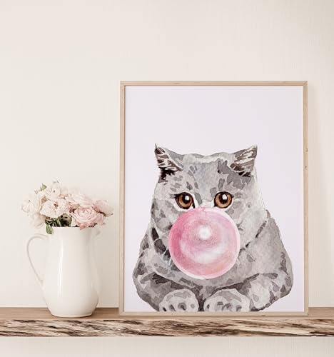 DREAM BIG PRINTABLES Cat Blowing Bubble Gum | British Shorthair Art Print - 11x14 (Unframed) | Adorable Feline Decor for Cat Lovers