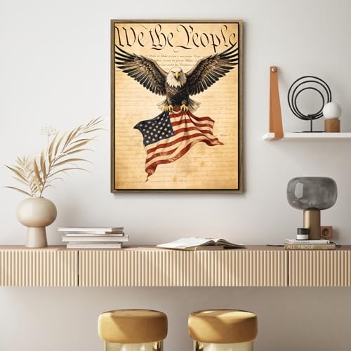 American Flag Framed Canvas Wall Art, 4th of July Patriotic Canvas Prints | USA Flag with Bald Eagle Poster Print, Vintage Independence Day Wall Decor for Bedroom Living Room 8×10in