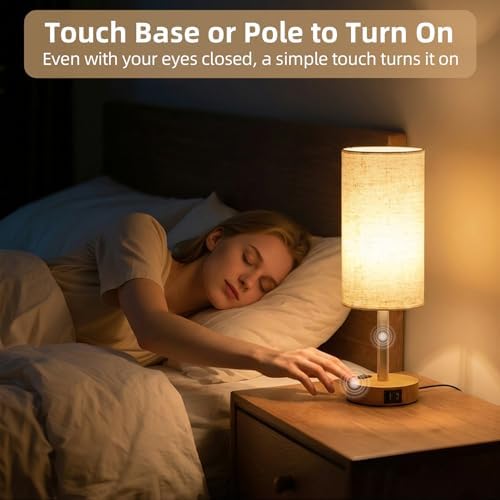 Table Lamp for Bedroom, High-Sensitivity Touch, AC Outlet, USB A+C