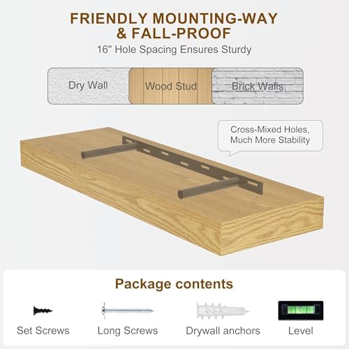 Fun Memories 55 Inch Fireplace Mantel - Long Floating Shelf, Wall Mounted Farmhouse Display with Invisible Heavy Duty Metal Bracket, Oak