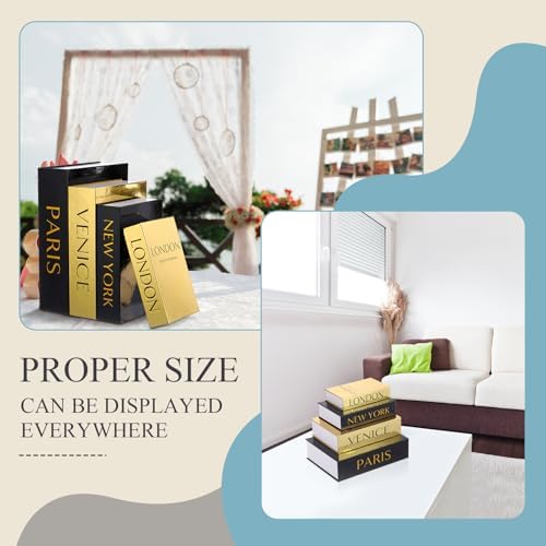 Sabary Set of 4 Decorative Books Boxes Faux Books Stacked for Coffee Tables Modern Home Bookshelves DIY Crafts Decor(Modern Style,Black and Gold)