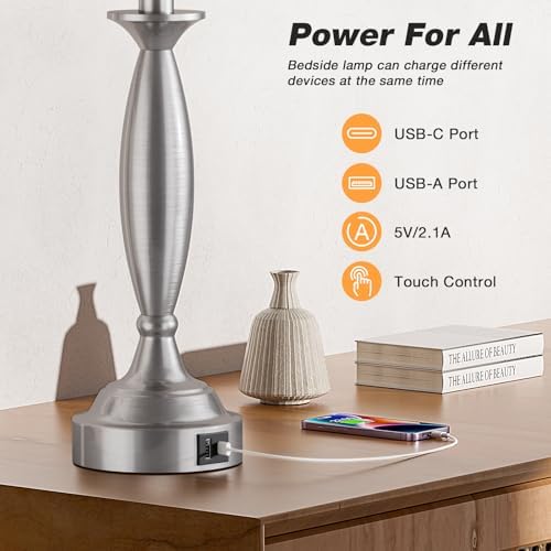 Bedroom Lamps for Nightstand, 3 Way Dimmable Silver Bedside Lamps with USB