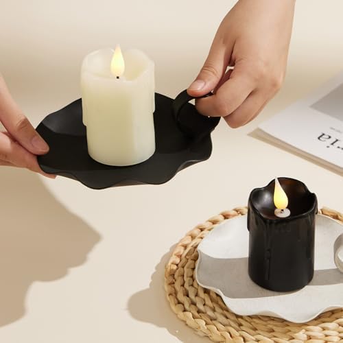 Candle Holders for Pillar Candles 5.5" Overall Width Black Metal Holder with Plate, Fits Pillar Candles up to 3.3" in Diameter & Flameless, Modern Minimalist Candle Dish (2 PCS, Black)