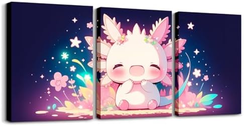 Feelyou Cute Axolotl Canvas Wall Art for Living Room Wall Decor for Bedroom Bathroom Cartoon Salamander Paintings Modern 3 Piece Framed Canvas Art Prints Ready to Hang Star Print Pictures Home Decor