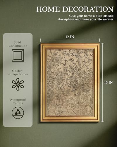 WHASAYART Gold Framed Vintage Wall Art for Living Room, Tree Painting Prints Shelf Decor for Kitchen, Antique Sketch Bedroom Wall Art, Landscape Pictures Gifts for Family - Forest Cabin 16L x 12W