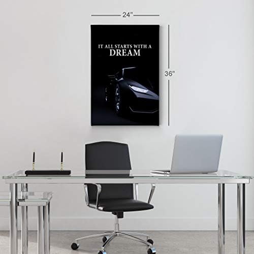 Smile Art Design It All Starts with a Dream Black Sports Car Luxury Motivational Wall Art Canvas Print Inspirational Wall Art Entrepreneur Quote Office Living Room Decor Gift Ready to Hang 22x15