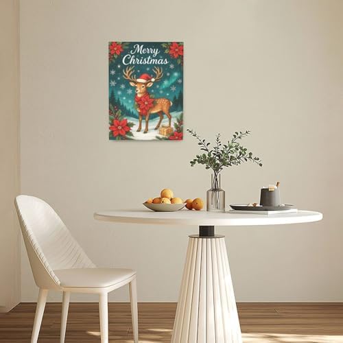 Reindeer Merry Christmas Wall Art Winter Reindeer Deer Poinsettia Canvas Wall Decor Elk Pictures Painting Print Framed Artwork Decorations Gifts for Living Room Bedroom Office 12"x16"