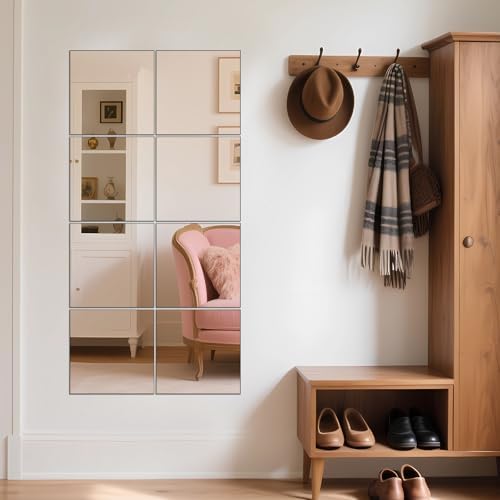 Full Length Mirror Tiles, 12" x 12" x 8PCS Frameless Wall Mounted Mirror | Square Large Wall Mirror Tiles for Home Gym, Bedroom, Door, Bathroom, Frameless Mirror Sets