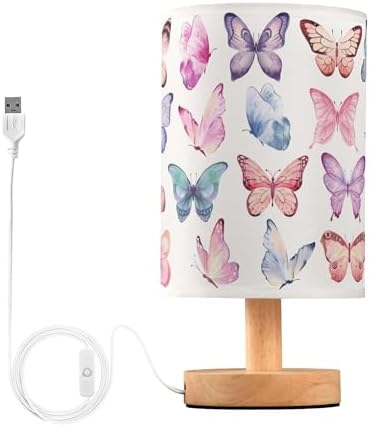 Table Lamp Colorful Butterflies Pink Blue Butterfly Nightstand Lamp with Wood Base Fabric Lamp Shade Bedside Desk Lamp for Living Room Bedroom Kids Room Office