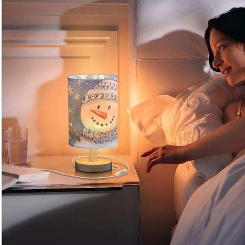 Rustic Happy Snowman White and Blue Bedside Table Lamps with USB Port for Bedroom Lamp Accent Table Lamp Small Nightstand Lamp Sturdy Linen Shade Wooden Decorative Lamps for Home|Kids|Holiday