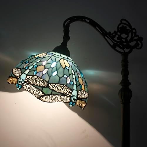 WERFACTORY Tiffany Style Reading Floor Lamp Sea Blue Stained Glass with Crystal Bead Dragonfly Lampshade in 64 Inch Tall Antique Arched Base for Bedroom Living Room Lighting S147 (No Bulb)