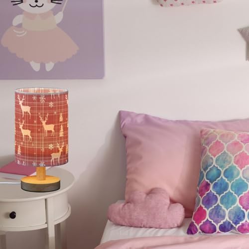 Christmas Reindeer and Snowflakes Plaid Bedside Table Lamps with USB Port for Bedroom Lamp Table Lamp Small Nightstand Lamp Sturdy Linen Shade Wooden Decorative Lamps for Home Dorm Office Living Room