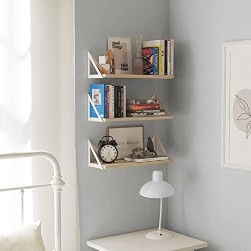 Wallniture Minori Floating Shelves for Wall Storage, Floating Bookshelf Set of 3, Bathroom and Kitchen Organizer Natural Wood Wall Shelves with White Brackets