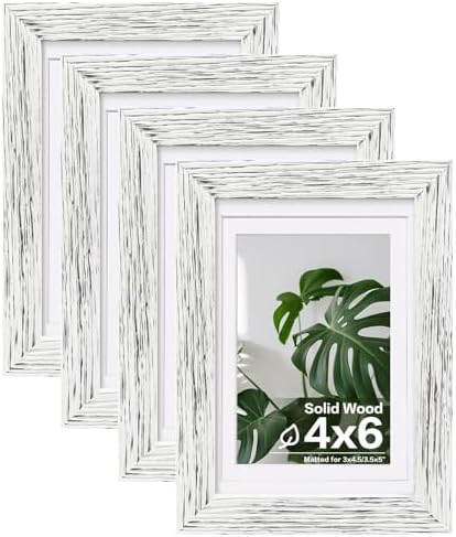 Egofine 4x6 Picture Frames Set of 4, Made of Solid Wood Covered by Plexiglass 3x4.5 and 3.5x5 with Mat or 4x6 without Mat, for Table Top Display and Wall Mounting Photo Frame, Driftwood White