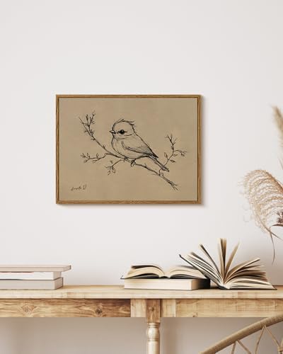 WHASAYART Framed Canvas Decor Vintage Minimalist Bird Sketch Wall Art 12x16 | Minimalist Line Drawing Black Neutral Painting Print, Rustic Modern Nature Artwork for Living Room Entryway Farmhouse Office