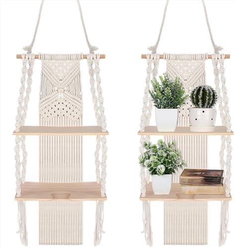 Barydat 2 Pack Macrame Wall Hanging Shelf 2 Tier Handmade Boho Hanging Wall Shelf Floating Woven Rope Decorative Storage Racks Holder Organizer for Home Bedroom Bathroom Plants, Beige (Classic)